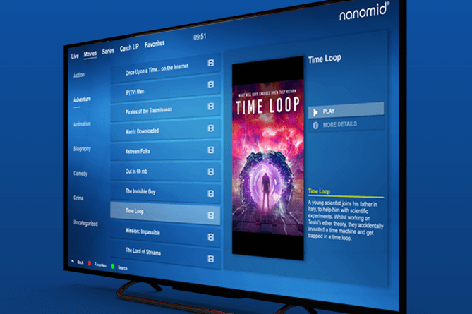 Nanomid IPTV App interface displayed on a Smart TV, showcasing its advanced IPTV playback and built-in VPN features.
